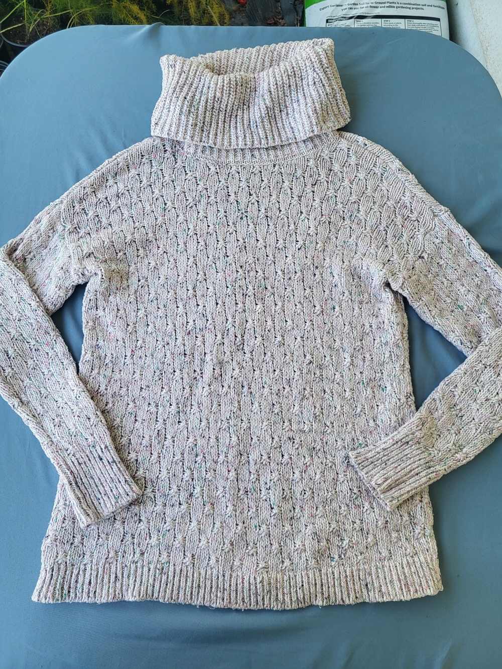 LOFT Light Pink Speckled Cable-Knit Turtleneck Sweater